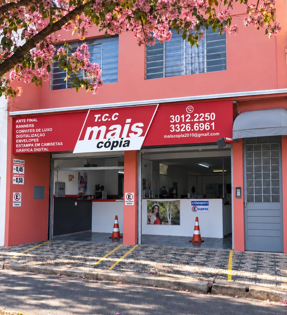 Fachada da TCC Mais Cópia, gráfica no centro de Sorocaba